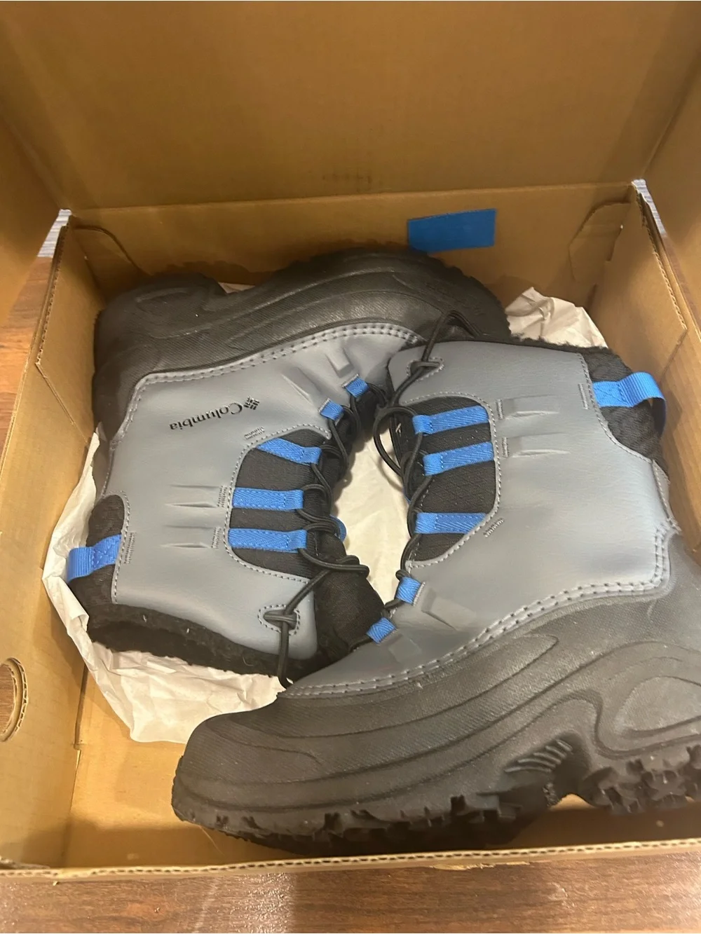 NWT Columbia Waterproof Unisex Kids Snow Boot US 5 Gray Black Blue BY1320-053